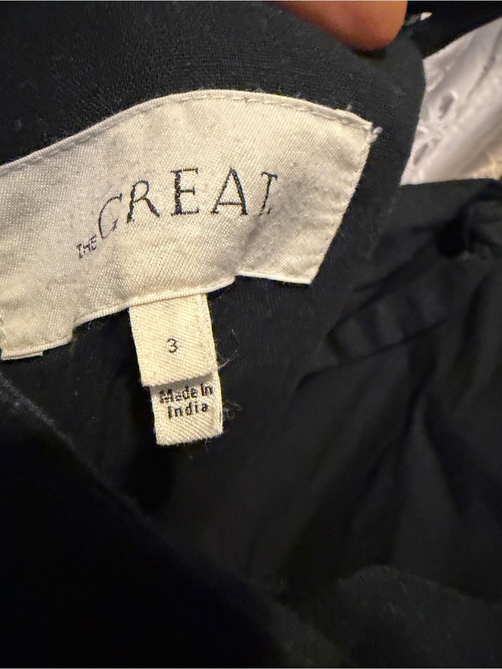 THE GREAT. Black Midi Dress with White Floral Trim and Green Leaves - Picture 2 of 4
